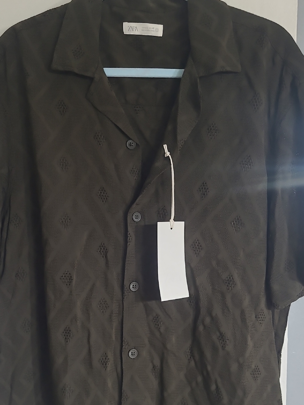 Zara Men's Green Geometric Jacquard Shirt, L